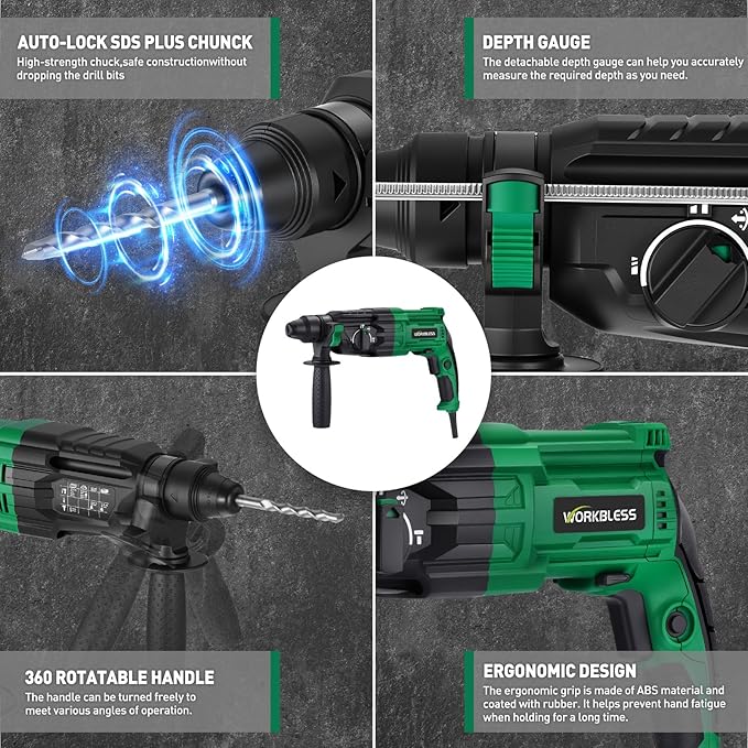 1 Inch SDS-Plus Rotary Hammer Drill, 8Amp, 3.0J 4 Functions Variable Speed Hammer Drill with Safety Clutch for Concrete Demolition Chipping,3 Drill Bits, 2 Chisels, 1 Adapter