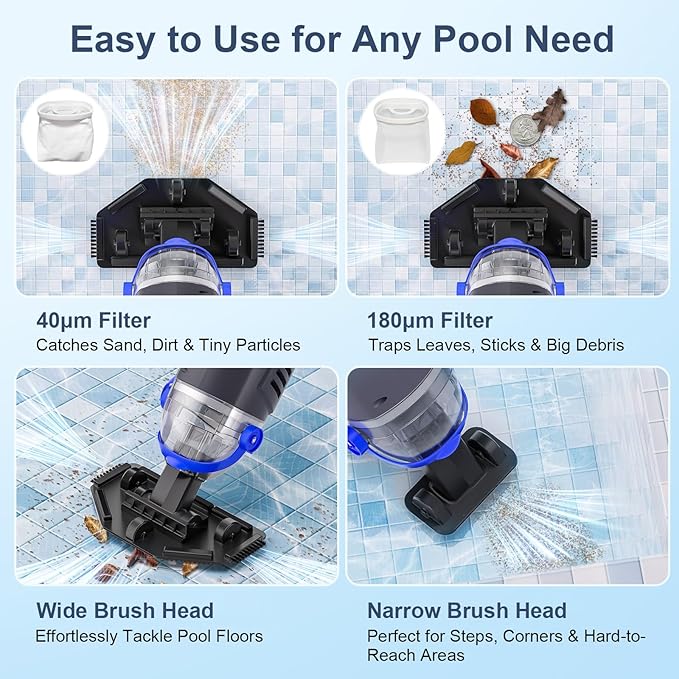 (2025 Upgraded) Cordless Pool Vacuum with Telescopic Pole, 60 Min Powerful Suction & Large Head, Rechargeable Handheld Cleaner for Above Ground Pools, Inground Pools, Hot Tubs, and Spa