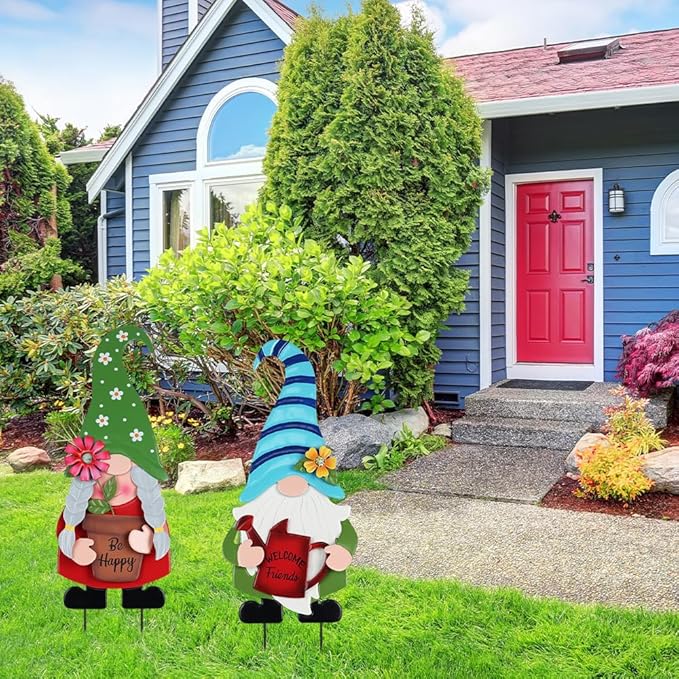 YEAHOME Garden Decor for Outside, Set of 2 Metal Gnomes 27.6” Decorative Garden Stakes with Flowers for Spring Decor, Yard Art Stakes for Outdoor Lawn Backyard Porch Garden Decorations