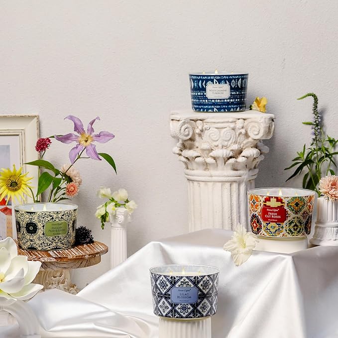 HomeLights Soy Wax Candles for Home Scented, 4-Wick Candles in English Pear & Suede Scented, Aromatherapy Candles Gift for Parties, Relaxing, Bohemian Natural Textures, 18oz