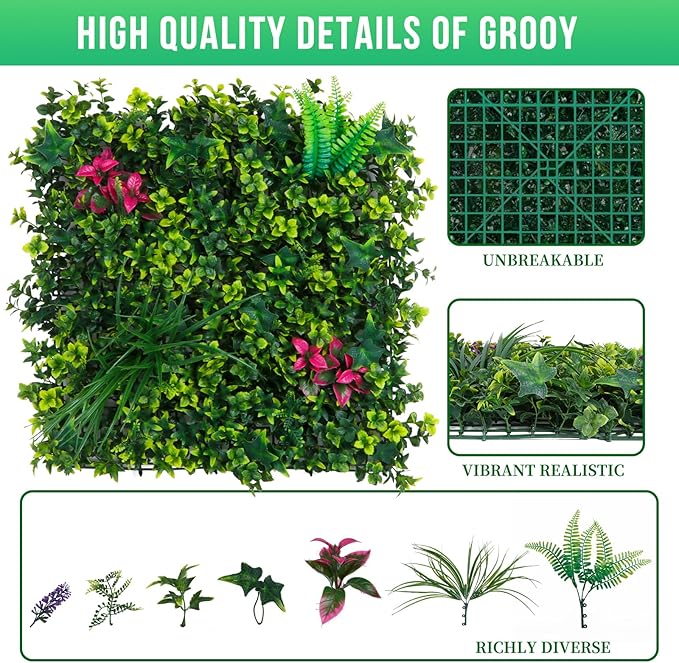 Boxwood Panels, Grass Wall 20"x20"(12pcs), Artificial Greenery Backdrop Wall Panels for Privacy Screen, Sun Protected Green Wall Decor for Outdoor, Indoor, Garden, Backyard and Décor