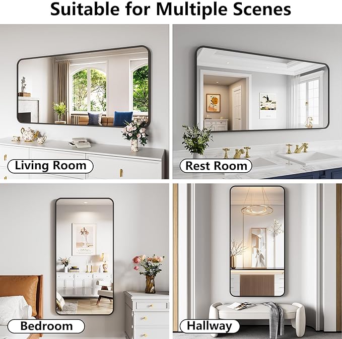 Koonmi Bathroom Mirror, 30X60 Inch Black Metal Framed Mirror for Bathroom, Tempered Glass, Anti-Rust, Rounded Rectangle Mirror for Restroom, Bedroom, Black