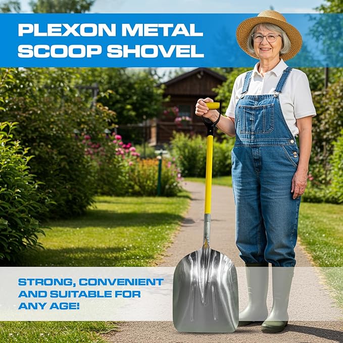 Plexon Metal Scoop Shovel 15" Blade - Aluminium Steel Snow Shovel for Driveway - Heavy Duty Snow Shovel for Car - Fiberglass Handle & Plastic D-Grip - Outdoor Garden Yard, 48" Length
