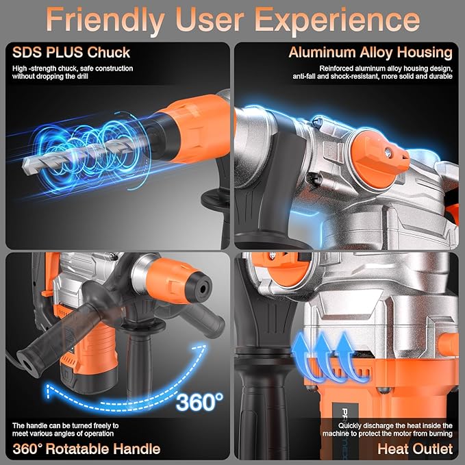 1-1/4 Inch SDS-Plus 13 Amp Heavy Duty Rotary Hammer Drill with Safety Clutch 3 Functions, Vibration Control, for Floor Tile Removal, Concrete Breaker, Including Grease, Chisels & Drill Bits