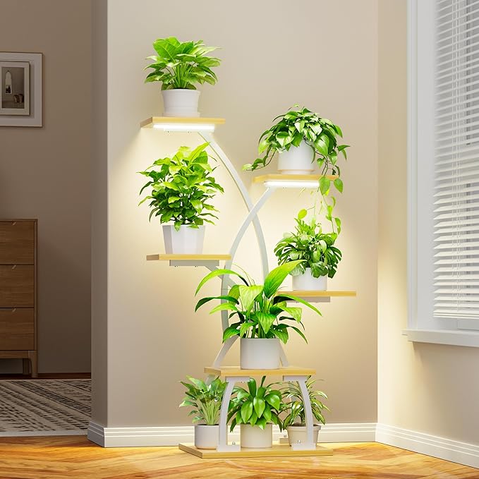 Plant Stand Indoor with Grow Lights - 6 Tiered Plant Shelf Indoor, 36" Corner Plant Stands for Indoor Plants Multiple, Metal Curved Flower Holder Display Rack for Patio, Balcony, Home Decor, White
