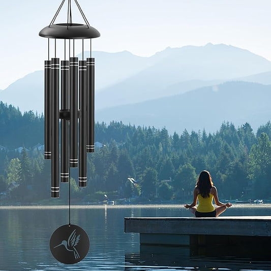 38" Large Metal Wind Chimes for Outside Deep Tone, Memorial Hummingbird Wind Chimes Outdoor with 6 Heavy Tubes for Patio Garden Hanging Décor,Sympathy Gifts, Black