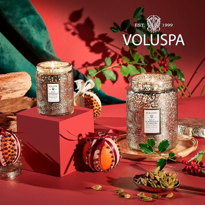 Voluspa Gilt Pomander Hinoki, Large Candle Jar, 18 oz, 100 Hour Burn Time, Coconut Wax for Clean Burning, Handcrafted in The USA