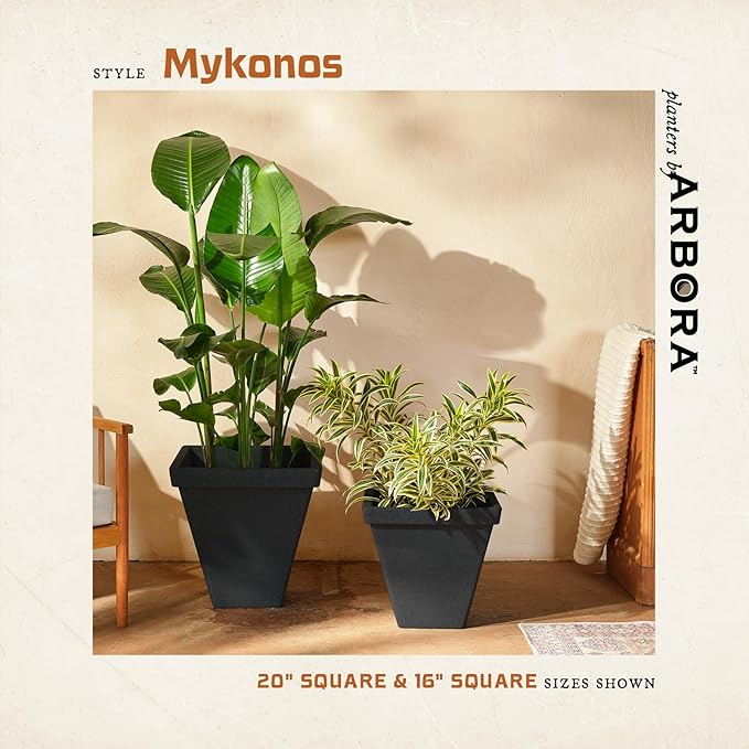 ARBORA 20" Mykonos Square Polyresin Indoor and Outdoor Planter with Classic Black Finish - Durable, All Season, Weatherproof, Lightweight, Large Plant Pot for Patio, Garden, Deck, Entryway