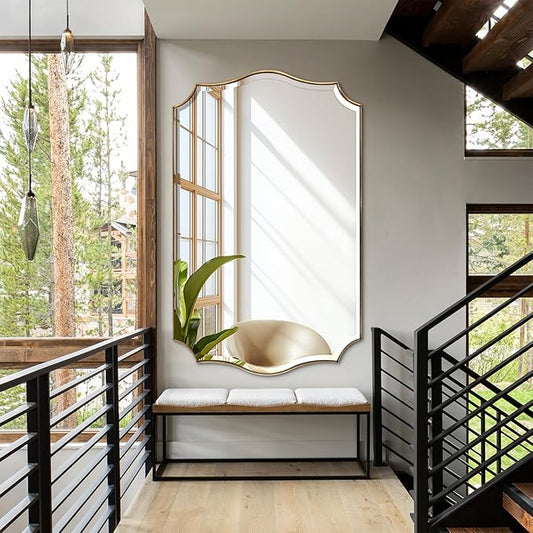 POZINO Scalloped Beveled Mirror, 30"x48" Large Brass Rectangle Mirrors for Over Sink, Gold Wavy Vanity Mirrors, Irregular Shaped Mirror for Bathroom Living Room Bedroom Fireplace Entryway