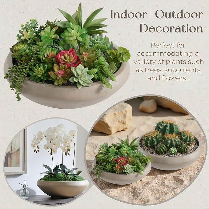 Bowl Planter 23.3" Dia x 7.9" H Succulent Pot with Drain Hole, 20.9" Opening Weathered Concrete Flowerpot for Indoor Outdoor Plants Herbs Bonsai, Round Planters for Home, Patio, Garden, Large-Natural