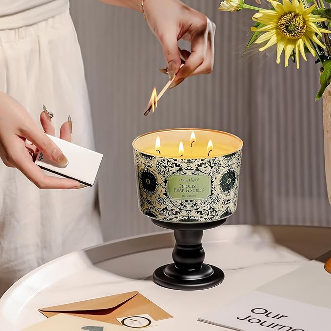 HomeLights Soy Wax Candles for Home Scented, 4-Wick Candles in English Pear & Suede Scented, Aromatherapy Candles Gift for Parties, Relaxing, Bohemian Natural Textures, 18oz