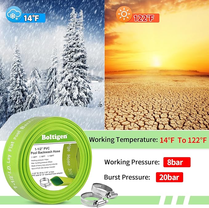 Boltigen 1-1/2'' Pool Backwash Hose, 25 Feet Heavy Duty PVC Pool Drain Hose with Clamps, Lay Flat Water Discharge Filter Pump Hose for Swimming pools, High Pressure Pool Pump Hose