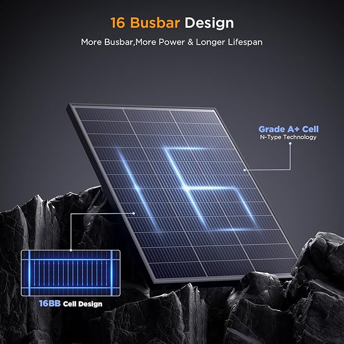 N-Type 16BB 100 Watt Solar Panel, Compact 12V 100W Solar Panel, 25% High Efficiency Monocrystalline PV Module,Ideal for RV,Van,Pickup Truck,Camping,Rooftop,Home,Off-Grid Cabin,Greenhouse(1PCS)
