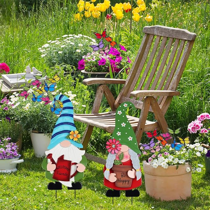 YEAHOME Garden Decor for Outside, Set of 2 Metal Gnomes 27.6” Decorative Garden Stakes with Flowers for Spring Decor, Yard Art Stakes for Outdoor Lawn Backyard Porch Garden Decorations