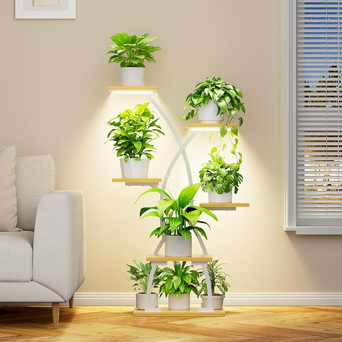 Plant Stand Indoor with Grow Lights - 6 Tiered Plant Shelf Indoor, 36" Corner Plant Stands for Indoor Plants Multiple, Metal Curved Flower Holder Display Rack for Patio, Balcony, Home Decor, White