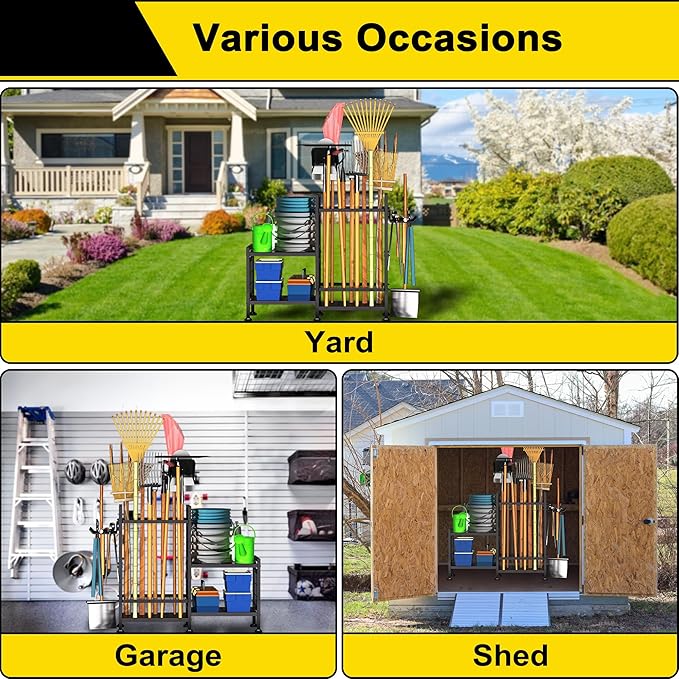 GIOTORENT 5 Tier Garden Tool Organizer, Metal Yard Tools Storage Rack, Garage Storage and Organization, Heavy Duty Garden Tool Organizer for Garage, Yard, Patio, Shed, Indoors and Outdoors, Black