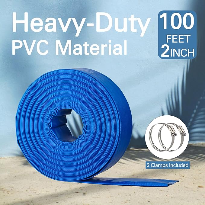 2" x 100FT Pool Backwash Hose, Heavy-Duty Pool Hose, Lay Flat Discharge Hose, Durable Burst Resistant, Pool Filter Pump Water Drainage, Sump Pump Discharge, with 2 Clamps