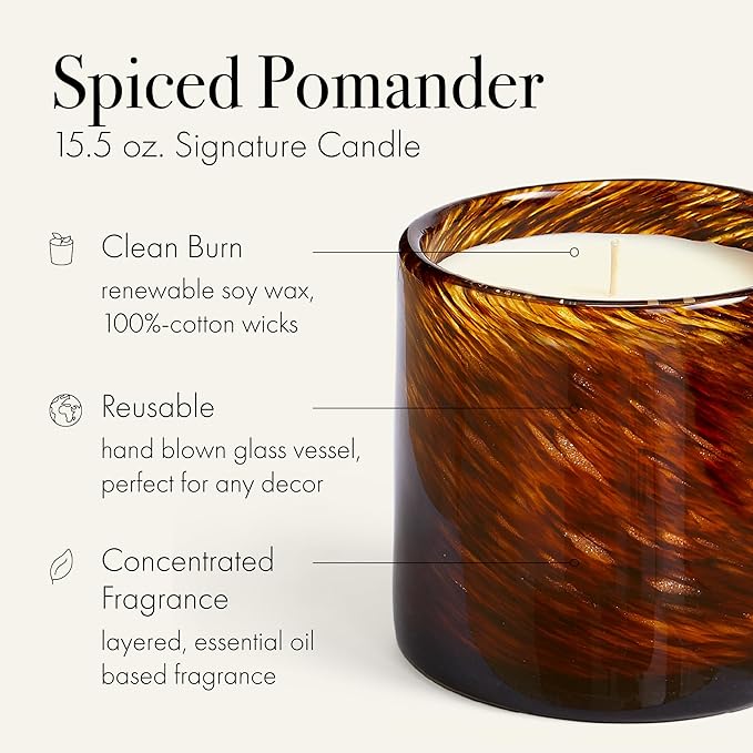 LAFCO New York Holiday Signature Fall Candle, Spiced Pomander - 15.5 oz - 90-Hour Burn Time - Reusable, Hand Blown Glass Vessel - Made in The USA