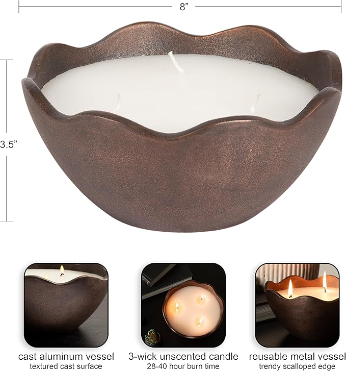 Kate and Laurel Alessia Scalloped Round Metal Candle Bowl, 8 Inch Diameter, Bronze, Modern Three-Wick Unscented Candle with Decorative Bowl for Living Room Decor