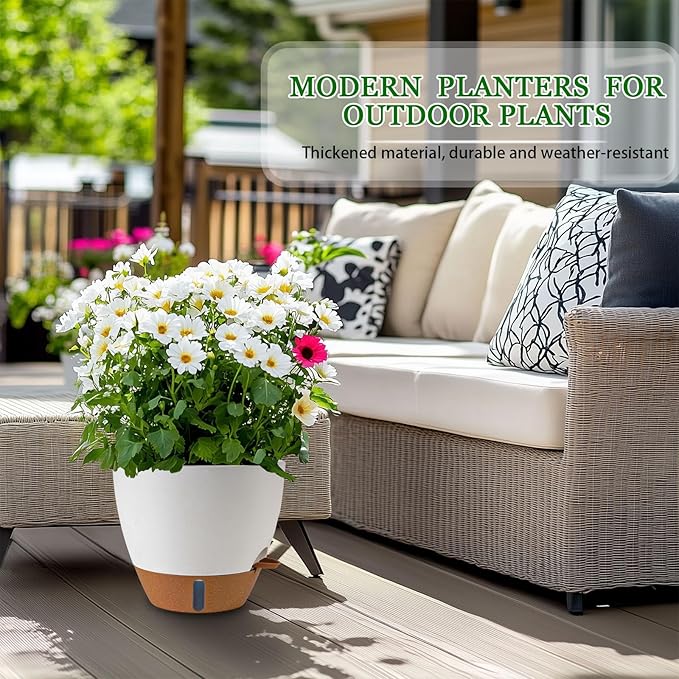 2 Pack 10 inch Plant Pots, Plastic Self Watering Planters with Drainage Holes, Deep Reservoir, Water Level Indicator, Modern Decorative Flower Pots for Indoor Outdoor Plants (White, 10 inch)
