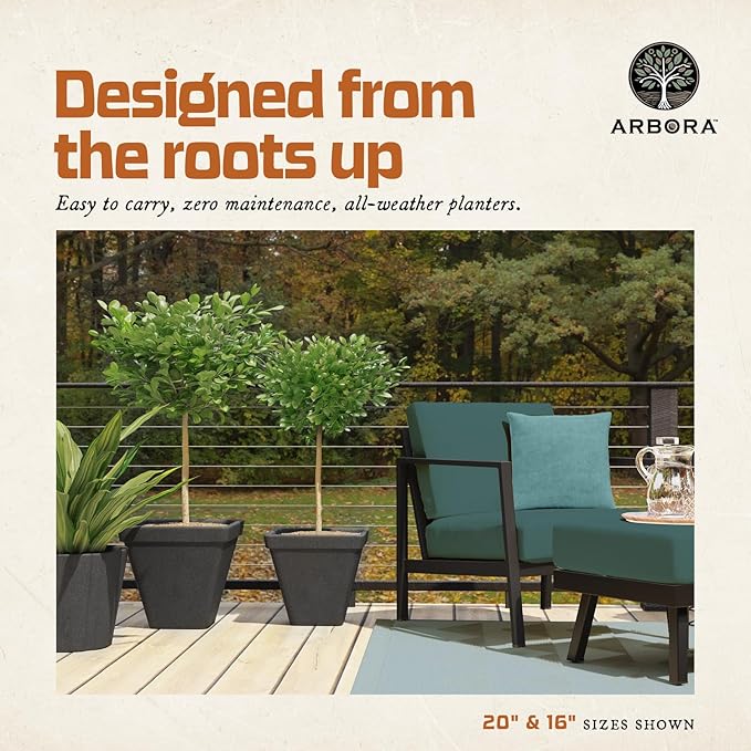 ARBORA 20" Mykonos Square Polyresin Indoor and Outdoor Planter with Classic Black Finish - Durable, All Season, Weatherproof, Lightweight, Large Plant Pot for Patio, Garden, Deck, Entryway