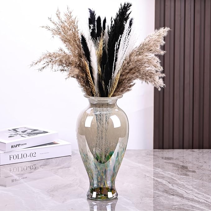 11.8" Tall Blown Green Glass Vase, Colorful Opaque Glass Vase, Unique Design Wide Mouth Art Decoration for Home, Living Room, Dining Table, Pampas Grass Decor (Green)