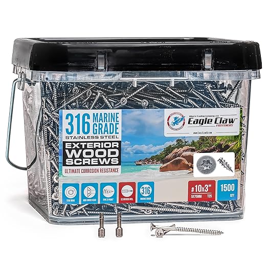 #10 x 3 Inch 316 Stainless Steel Screws Marine Grade (1500 Pack, T25 Star) | Stainless Steel Wood Screws w/Driver Bit by Eagle Claw Fasteners | High Corrosion Resistance for Coastal Construction