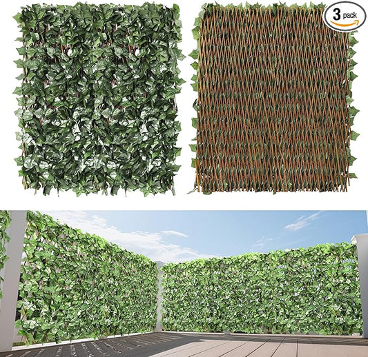 15" x 48" 3PCS Expandable Ivy Fence Privacy Screen Artificial Fences Greenery Faux Leaf Hedge Wall Decor for Balcony Wedding Backyard Indoor Outdoor, Ivy Leaves Single Side