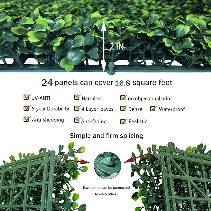 Artificial Grass Wall Backdrop Panels: 10 by 10 in (24 Pcs) UV-Anti Greenery Boxwood Panels for Indoor Outdoor Green Wall Decor & Ivy Fence Covering Privacy