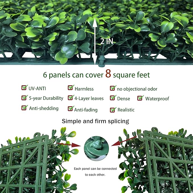 Artificial Grass Wall Panels:16" X 12" 6P (8 sqft) UV-Anti Greenery Boxwood Backdrop for Indoor Outdoor Green Wall Decor & Ivy Fence Covering Privacy