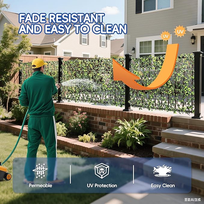 15" x 48" 3PCS Expandable Ivy Fence Privacy Screen Artificial Fences Greenery Faux Leaf Hedge Wall Decor for Balcony Wedding Backyard Indoor Outdoor, Rose Leaves Single Side