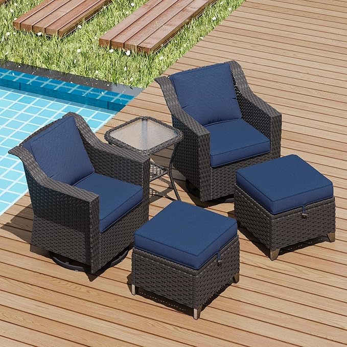 5 Pieces Patio Conversation Furniture Set - Swivel Chairs with Ottomans Set of 2, 1 Side Table, Outdoor Wicker Furniture Set with Washable Cushions for Porch, Balcony, Sunroom (Navy Blue)