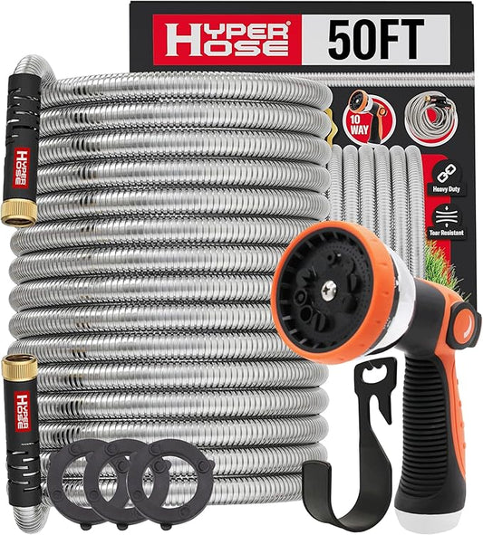 Best 50 ft Metal Garden Hose Set - No-Kink Durable 316 Stainless Steel, 10-Way Zync Spray Nozzle & Hook – Tough Flexible Heavy Duty Water Hoses, Naval Brass, Rust, Weather, LeakProof