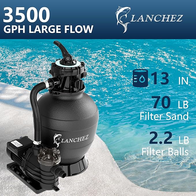 LANCHEZ 13in Sand Filter Pump for Above Ground Pool, 3/4HP, Max 3500GPH for Pools Up to 11000GAL, 6-Way Valve Pool Sand Filter System with Strainer Basket, Enhanced Circulation for Crystal-Clear Pool