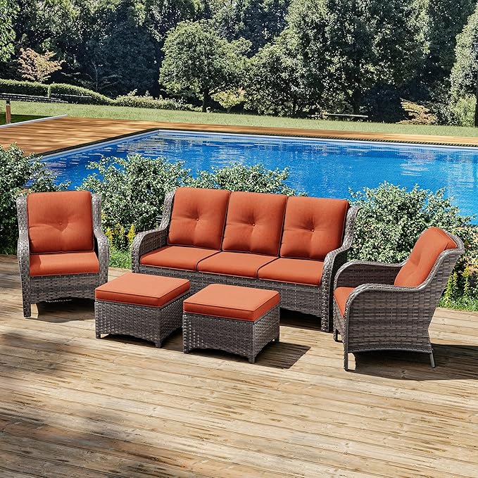 Joyside Patio Furniture Set 5-Piece Wicker Outdoor Furniture Conversational Set with 3-Seat Sofa, 2 Armchairs, 2 Ottoman Patio Rattan Wicker Sectional Sofa Set with Olefin Cushions(Mixed Grey/Orange)