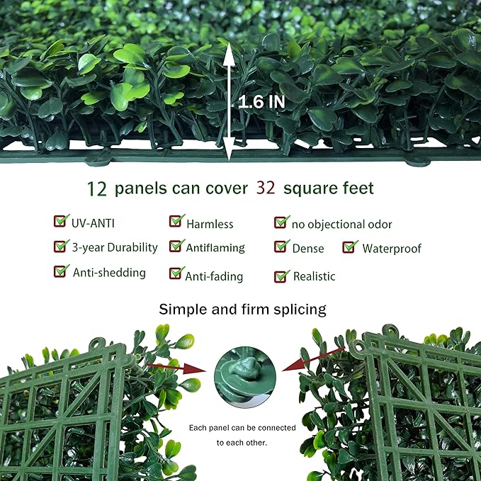 Artificial Boxwood Hedge Wall Panels, 24 X 16 in 12P UV-Anti Faux Greenery Vine Grass Wall Backdrop for Indoor Outdoor Green Plant Wall Decor & Ivy Fence Covering Privacy