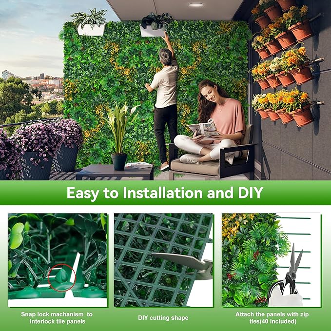 Grass Wall Panels, 20"x20" 16pcs Artificial Grass Backdrop Wall with Tropical Leaves, UV-Anti Faux Greenery Plant Boxwood Panels for Privacy Fence Screen, Green Wall Decor for Outdoor Indoor