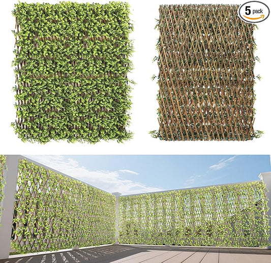 15" x 48" 5PCS Expandable Ivy Fence Privacy Screen Artificial Fences Greenery Faux Leaf Hedge Wall Decor for Balcony Wedding Backyard Indoor Outdoor, Buxus Leaves Single Side