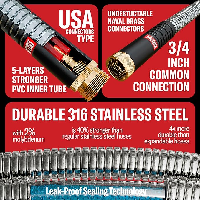 Best 50 ft Metal Garden Hose Set - No-Kink Durable 316 Stainless Steel, 10-Way Zync Spray Nozzle & Hook – Tough Flexible Heavy Duty Water Hoses, Naval Brass, Rust, Weather, LeakProof