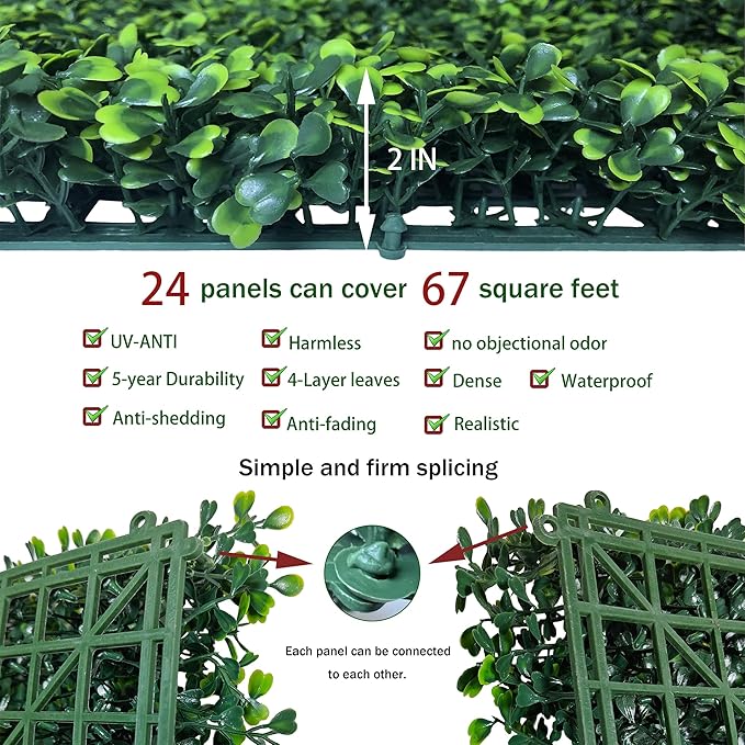Artificial Grass Wall Backdrop Panels: 20X20 in 24P UV-Anti Greenery Boxwood Panels for Indoor Outdoor Green Wall Decor & Ivy Fence Covering Privacy