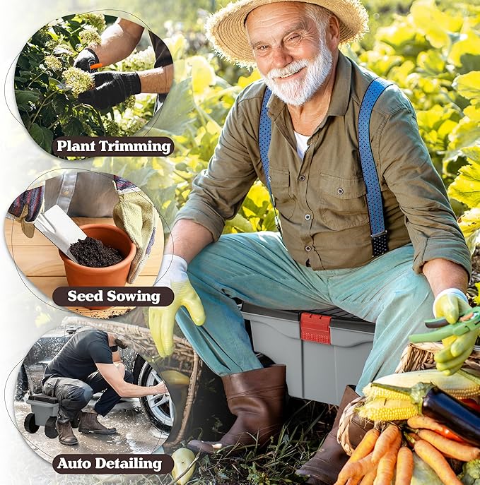 Pure Garden Rolling Garden Cart with Seat - Plastic Storage with Bench and Interior Tool Tray - Gardening Stool for Weeding and Planting (Gray)