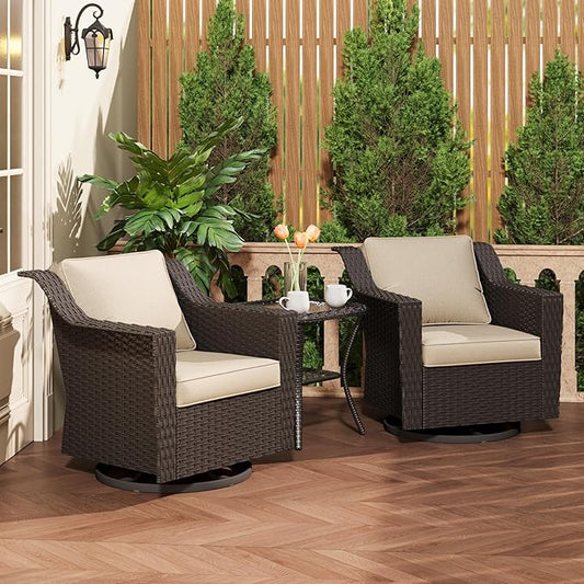 3 Pieces Patio Conversation Furniture Set - 2 Swivel Chairs, 1 Side Table, Outdoor Wicker Rocking Glider Armchairs with Washable Cushions for Porch, Balcony, Sunroom (Beige)