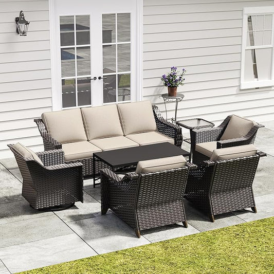 7 Pieces Outdoor Conversation Furniture Set - 77" Patio sofa, 2 Armchairs, 2 Swivel Glider Chairs, 1 Side Table, 1 Metal Coffee Table, Wicker Couch with Washable Cushions for Porch (Beige)