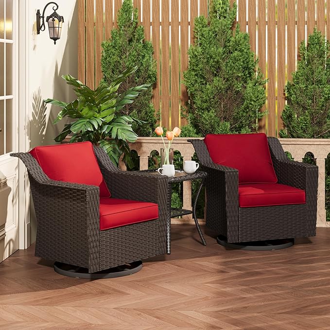 3 Pieces Patio Conversation Furniture Set - 2 Swivel Chairs, 1 Side Table, Outdoor Wicker Rocking Glider Armchairs with Washable and Water-Resistant Cushions for Porch, Balcony (Red)