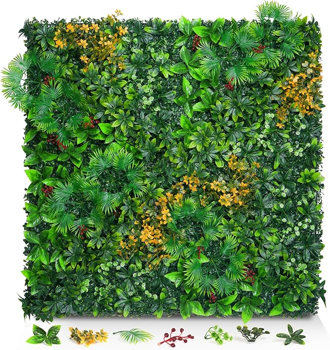 Grass Wall Panels, 20"x20" 12pcs Artificial Grass Backdrop Wall with Tropical Leaves, UV-Anti Faux Greenery Plant Boxwood Panels for Privacy Fence Screen, Green Wall Decor for Outdoor Indoor