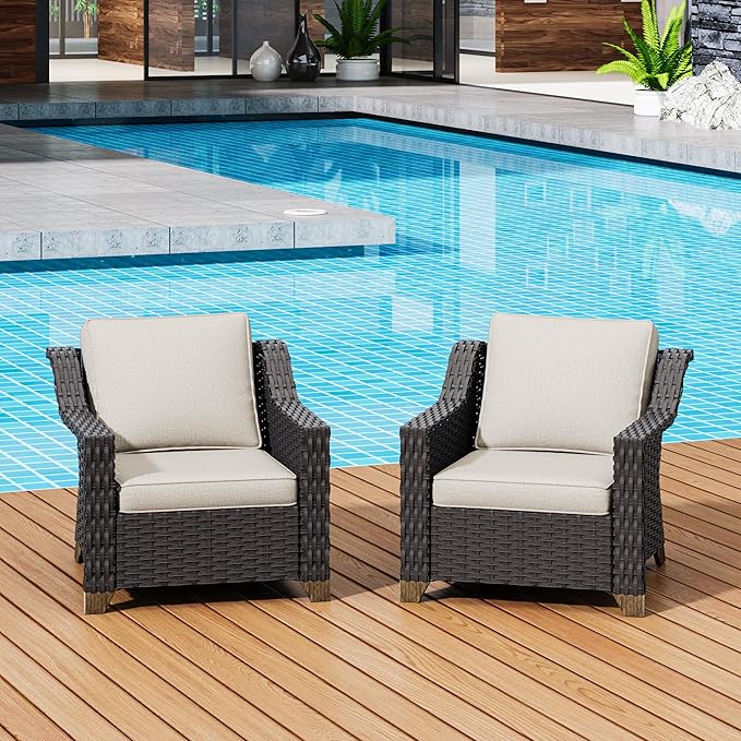 Patio 2 Pieces Wicker Chairs Set of 2, Outdoor PE Rattan Armchairs, Water-Resistant Cushions with Removable and Washable Covers, Porch Balcony, Sunroom (Beige)