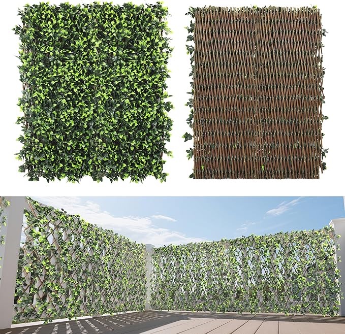 15" x 48" 1PCS Expandable Ivy Fence Privacy Screen Artificial Fences Greenery Faux Leaf Hedge Wall Decor for Balcony Wedding Backyard Indoor Outdoor, Rose Leaves Single Side