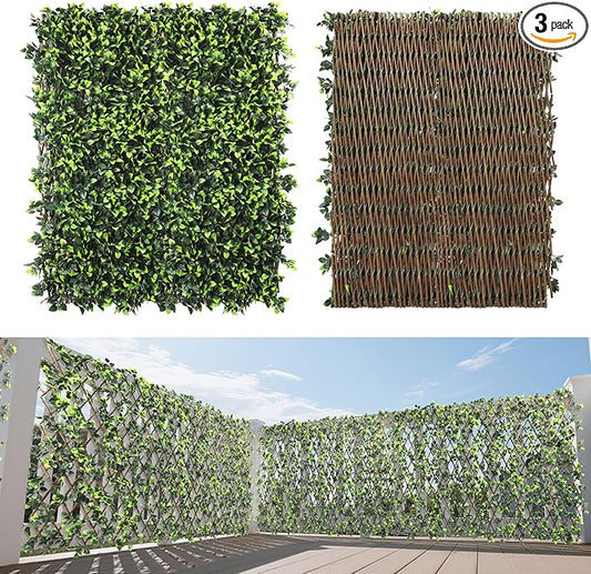 15" x 48" 3PCS Expandable Ivy Fence Privacy Screen Artificial Fences Greenery Faux Leaf Hedge Wall Decor for Balcony Wedding Backyard Indoor Outdoor, Rose Leaves Single Side
