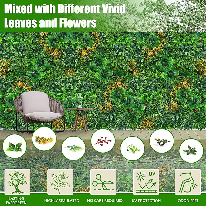 Grass Wall Panels, 20"x20" 12pcs Artificial Grass Backdrop Wall with Tropical Leaves, UV-Anti Faux Greenery Plant Boxwood Panels for Privacy Fence Screen, Green Wall Decor for Outdoor Indoor