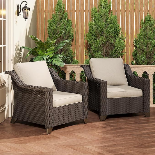 Patio 2 Pieces Wicker Chairs Set of 2, Outdoor PE Rattan Armchairs, Water-Resistant Cushions with Removable and Washable Covers, Porch Balcony, Sunroom (Beige)